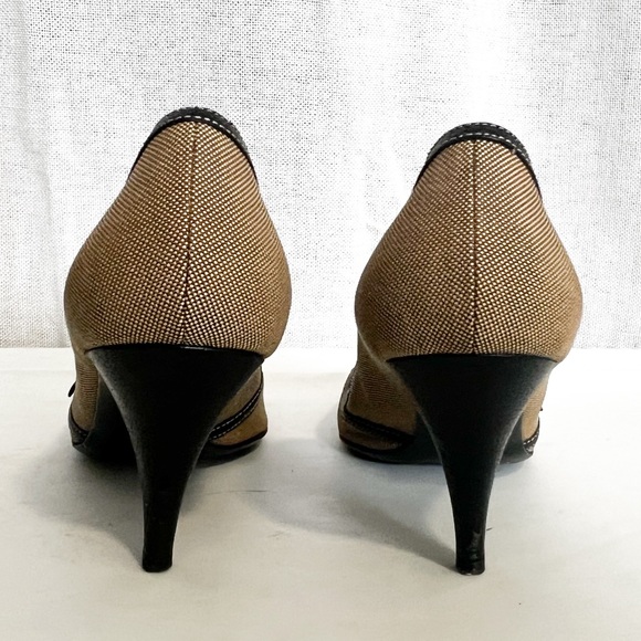 Vintage Prada Brown Buckle Canvas Leather Peep Toe Kitten Heels - Picture 7 of 12
